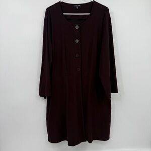 Eileen Fisher Coat Women 1X Brown 1/2 Button Up Cover Up Stretch Pockets Office